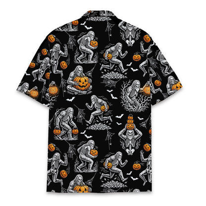 Back view of the bigfoot skeleton and pumpkins hawaiian shirt