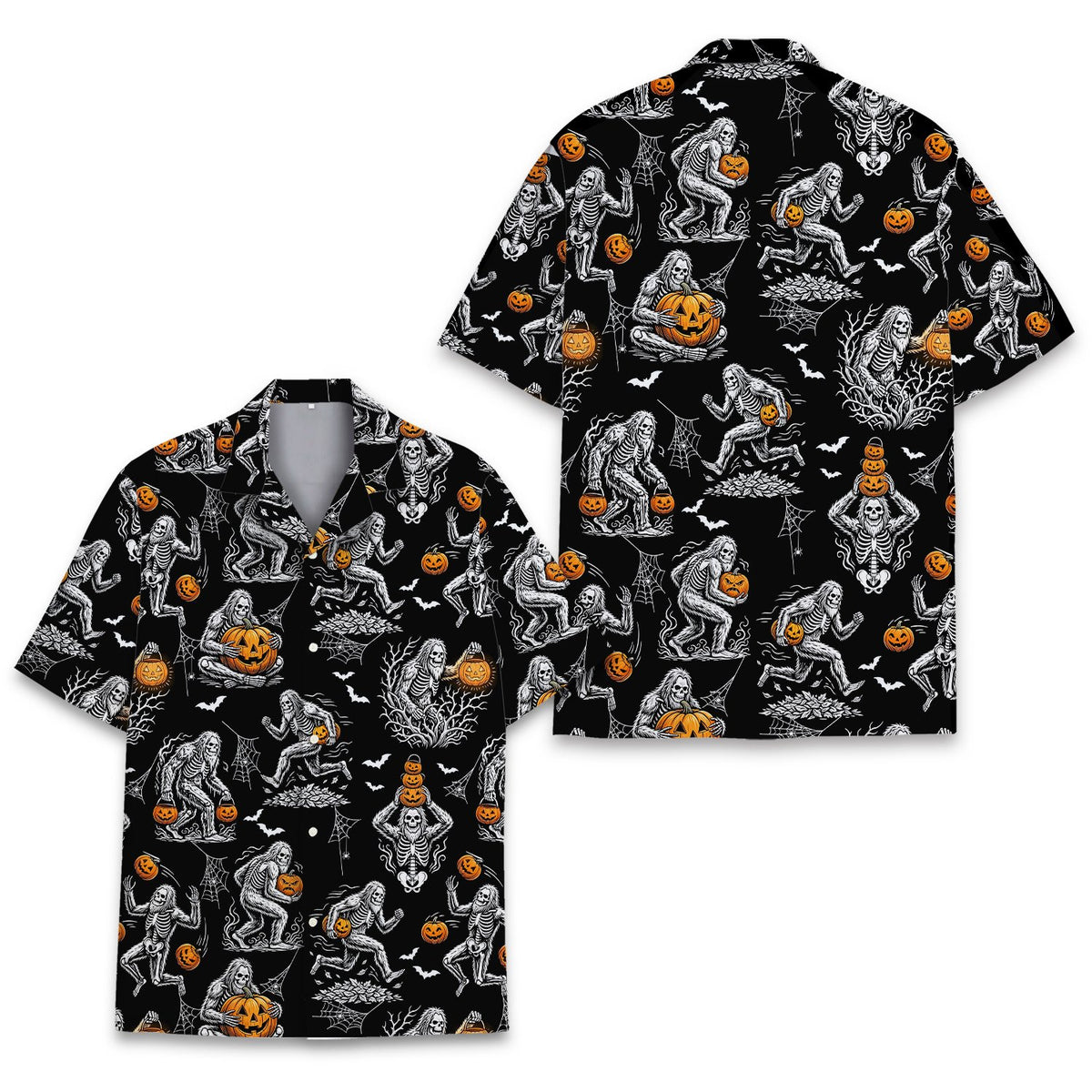 Close-up front view of the halloween hawaiian shirt with sasquatch and spiderwebs
