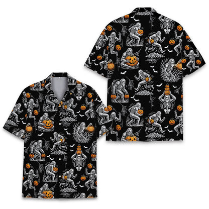 Close-up front view of the halloween hawaiian shirt with sasquatch and spiderwebs