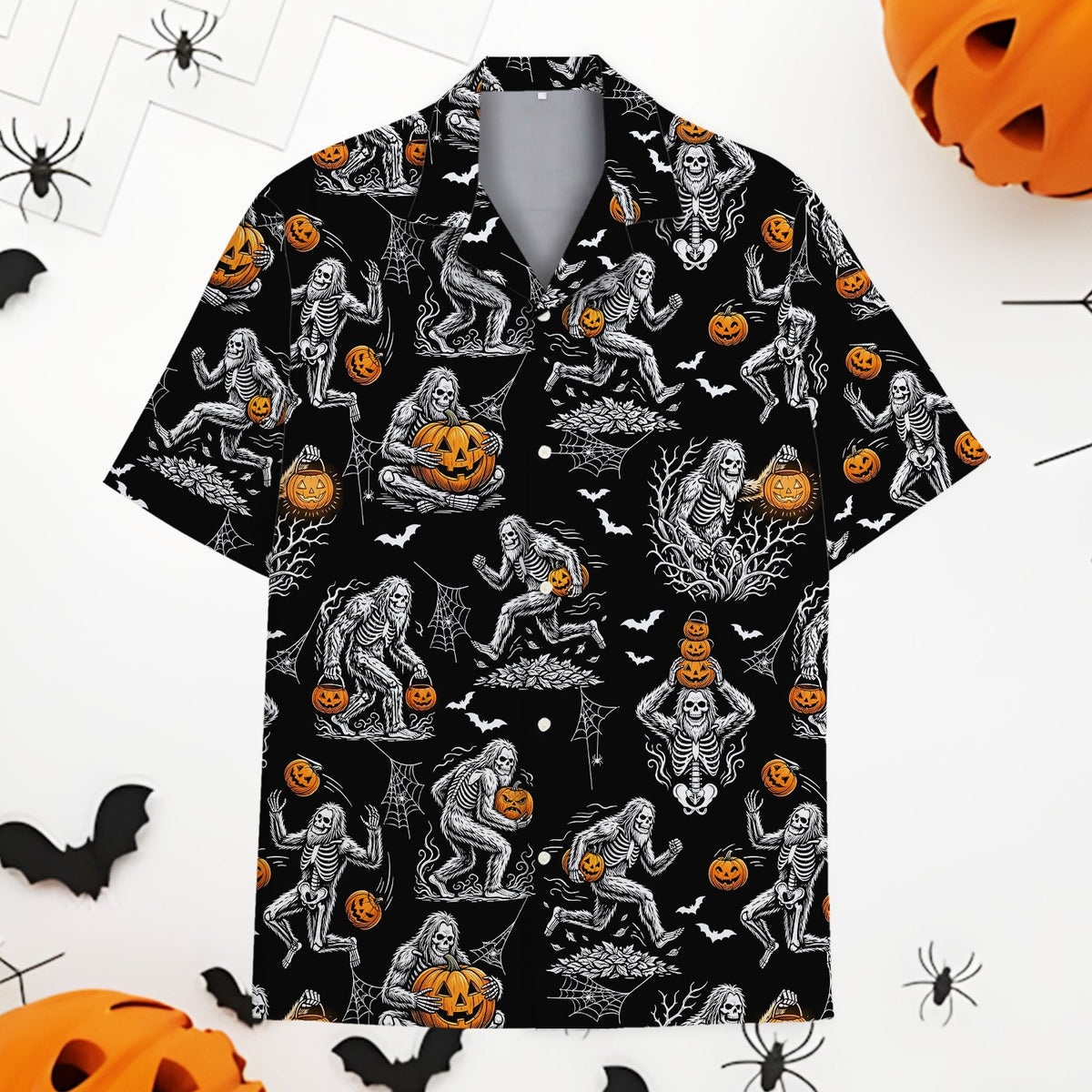 Front view of the bigfoot skeleton and pumpkins hawaiian shirt on a black background