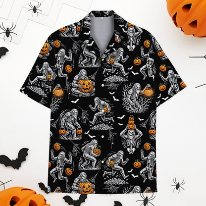 Front view of the bigfoot skeleton and pumpkins hawaiian shirt on a black background
