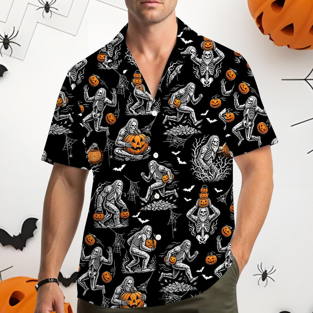 Second lifestyle view of the bigfoot skeleton and pumpkins hawaiian shirt