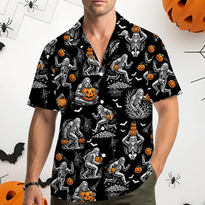 Second lifestyle view of the bigfoot skeleton and pumpkins hawaiian shirt