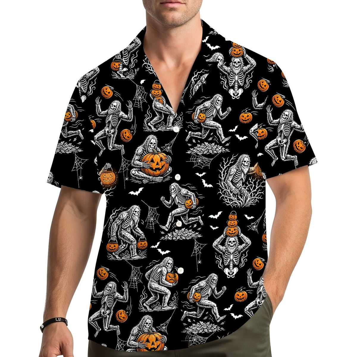 Lifestyle view of the family wearing matching halloween hawaiian shirts