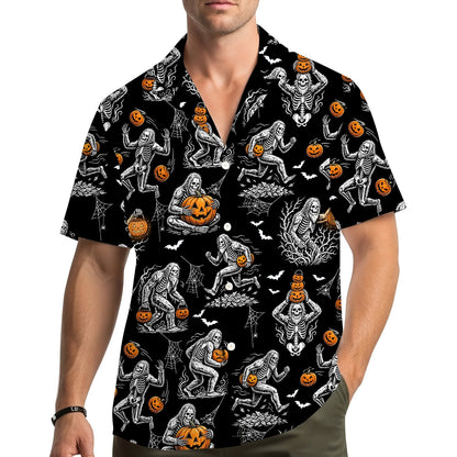 Lifestyle view of the family wearing matching halloween hawaiian shirts