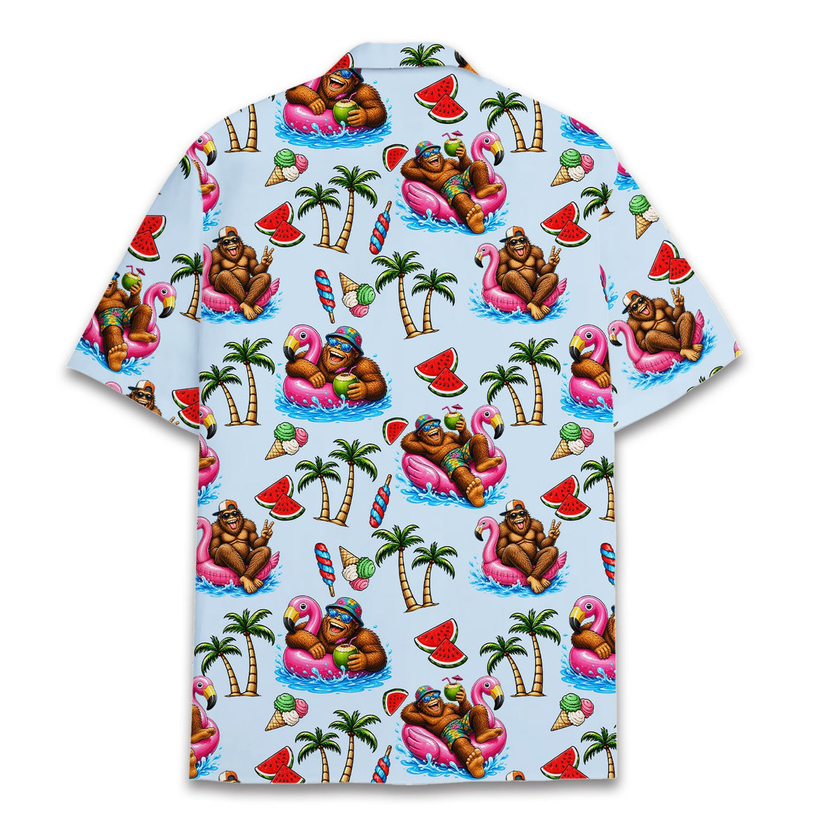 Back view of the matching family hawaiian shirt highlighting the continuous pattern