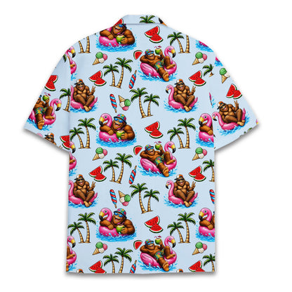 Back view of the matching family hawaiian shirt highlighting the continuous pattern