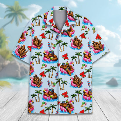 Another front view of the light blue Bigfoot Hawaiian shirt