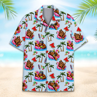 Front view of the bigfoot summer hawaiian shirt displaying the collar and buttons