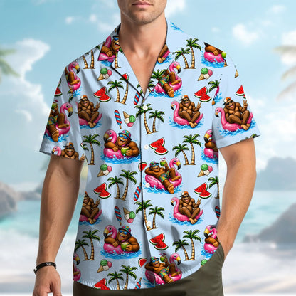 Second lifestyle view featuring the matching family hawaiian shirts in a casual setting