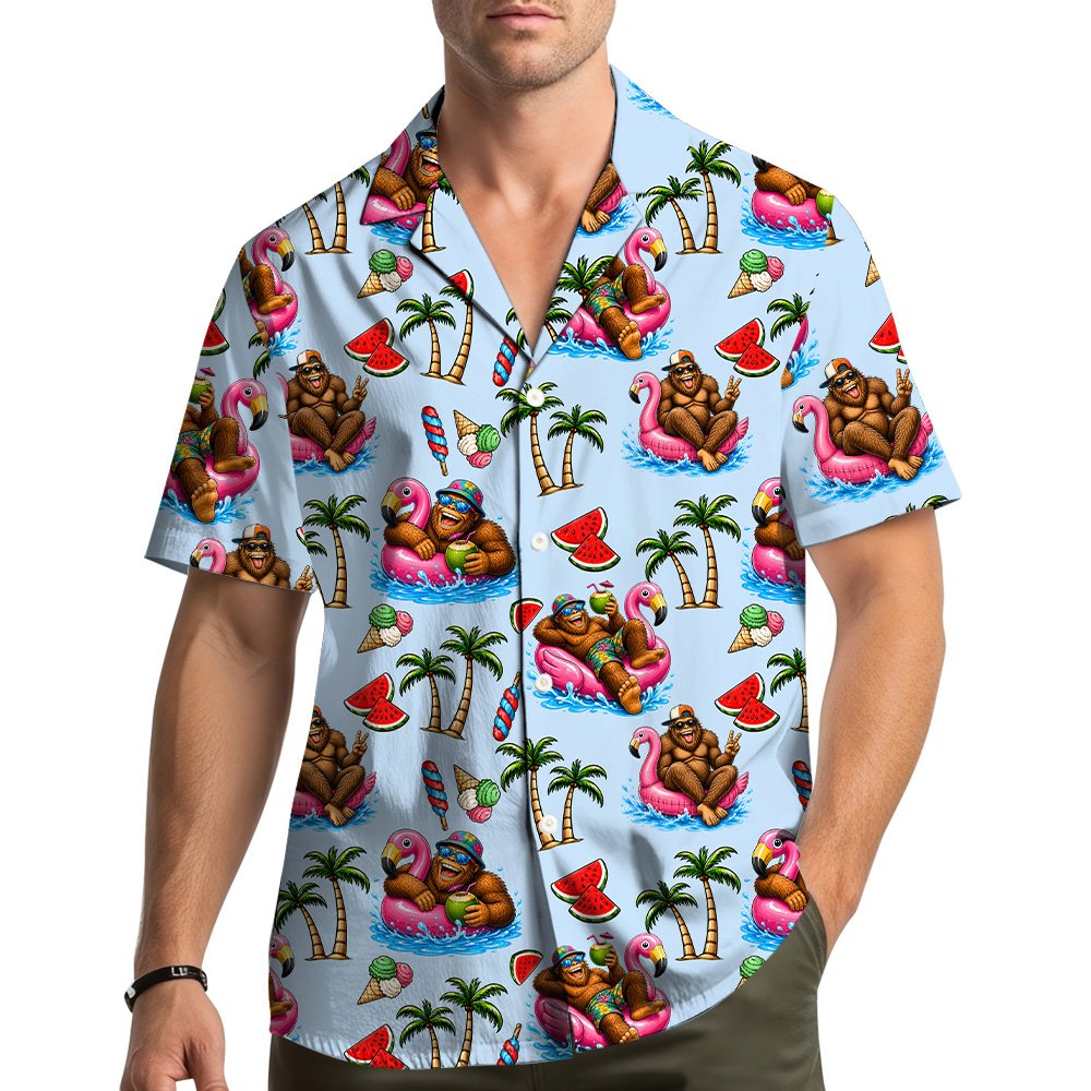 Third lifestyle view showing the Bigfoot summer vacation shirt outdoors