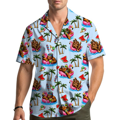 Third lifestyle view showing the Bigfoot summer vacation shirt outdoors