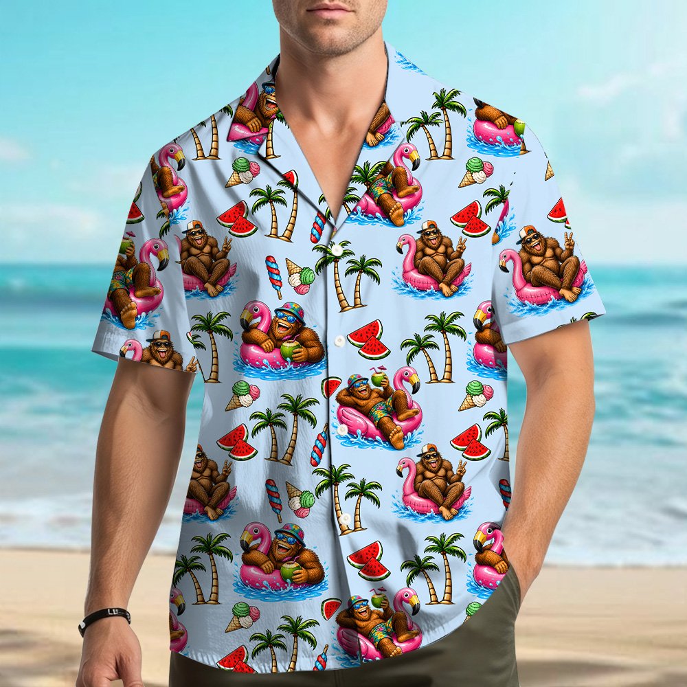 Lifestyle view of a person wearing the bigfoot summer hawaiian shirt