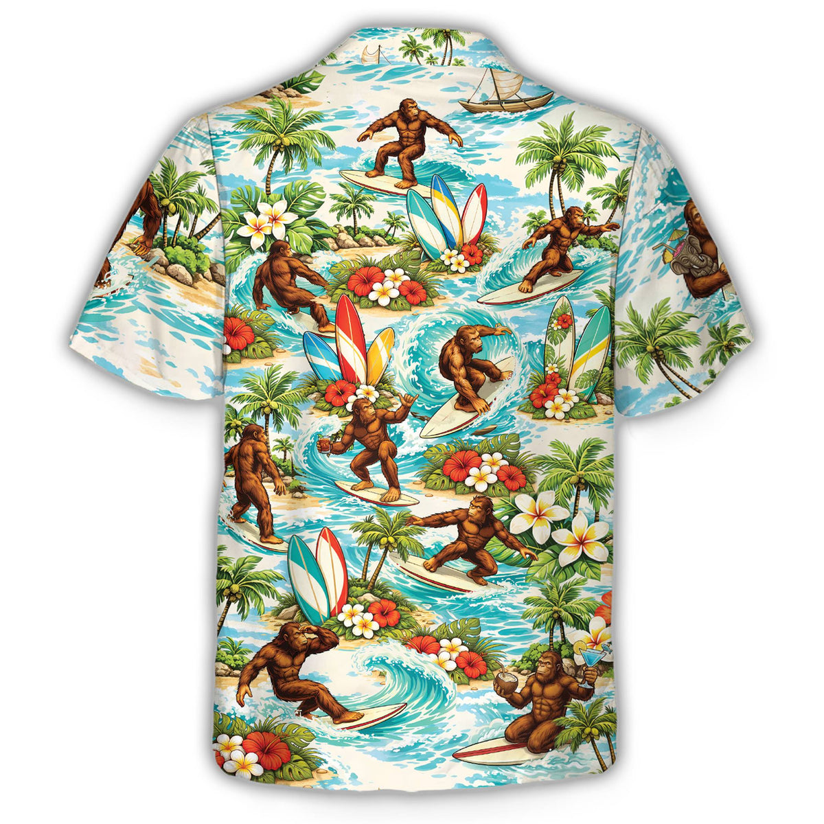 Back view of the bigfoot surf hawaiian shirt showing the surfing bigfoot design