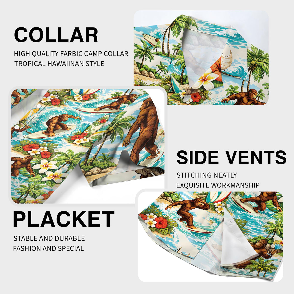 Detail view of the bigfoot surf hawaiian shirt pattern