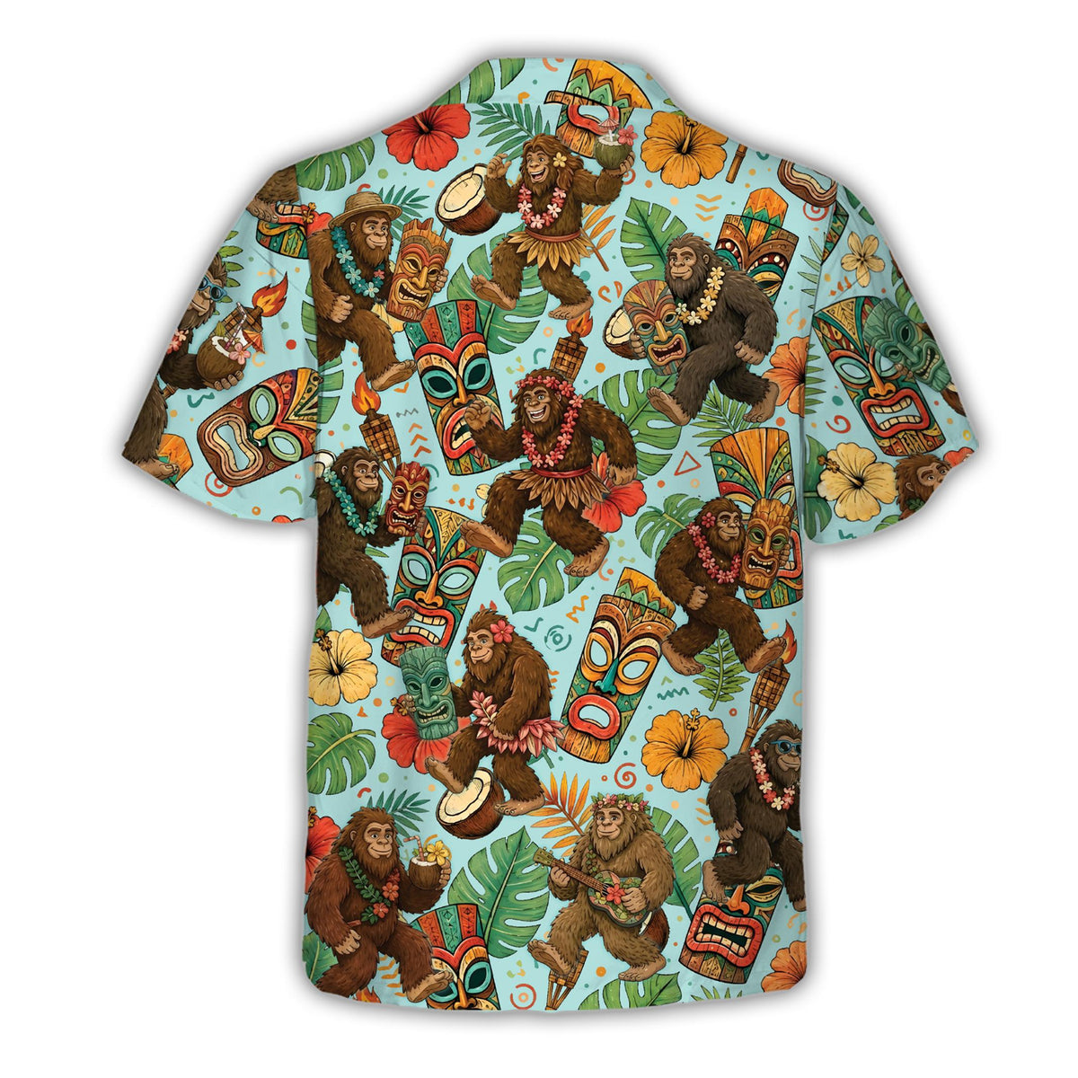 Light blue bigfoot tiki hawaiian shirt back view