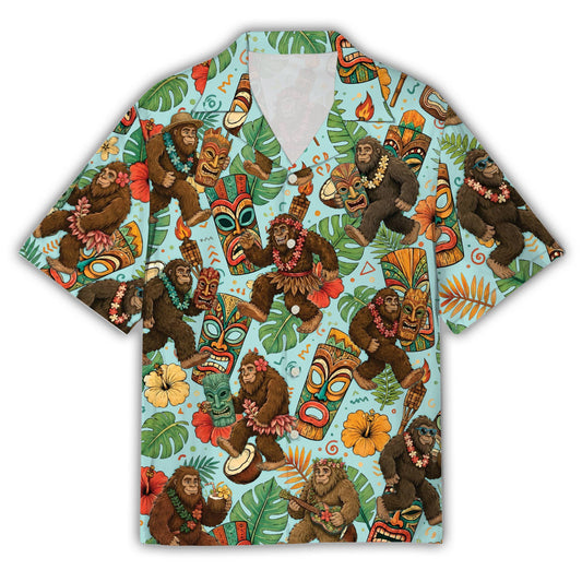 Light blue bigfoot tiki hawaiian shirt front view