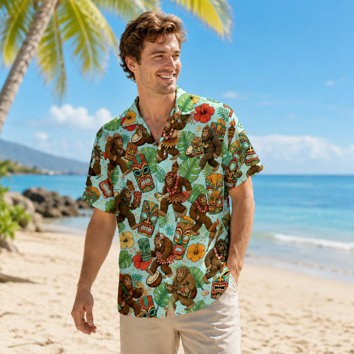 Adult wearing the matching family hawaiian shirt outdoors