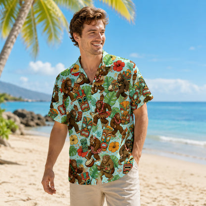 Adult wearing the matching family hawaiian shirt outdoors