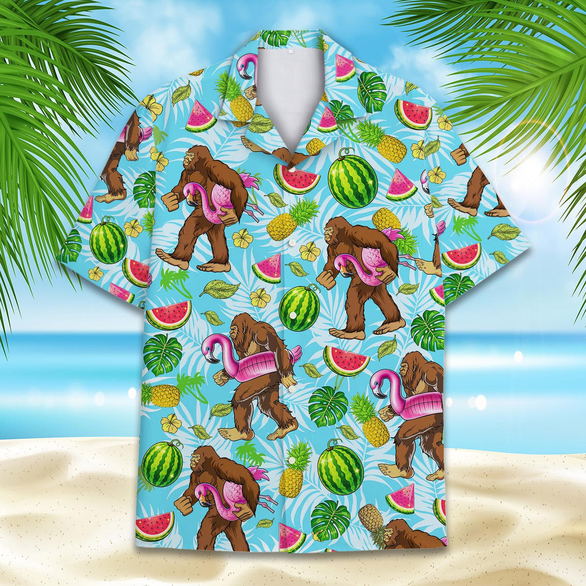 Detailed front view of the bigfoot tropical hawaiian shirt showing the collar and pattern