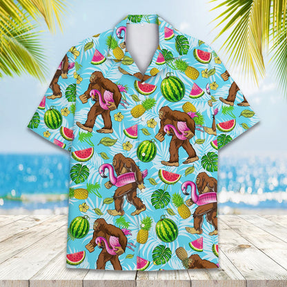 Close-up front view of the tropical pineapples and bigfoot design on the hawaiian shirt