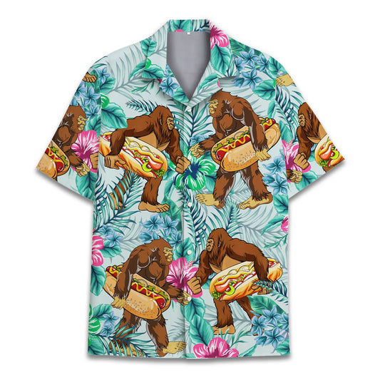 Light blue matching family hawaiian shirt featuring an all-over print of bigfoot holding a hot dog amongst tropical leaves