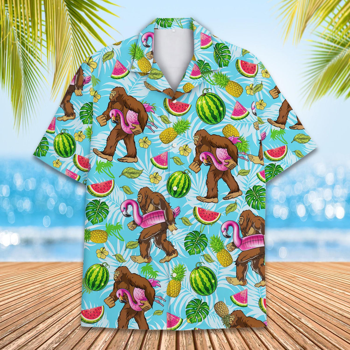 Front view of the bigfoot tropical hawaiian shirt on a light blue background