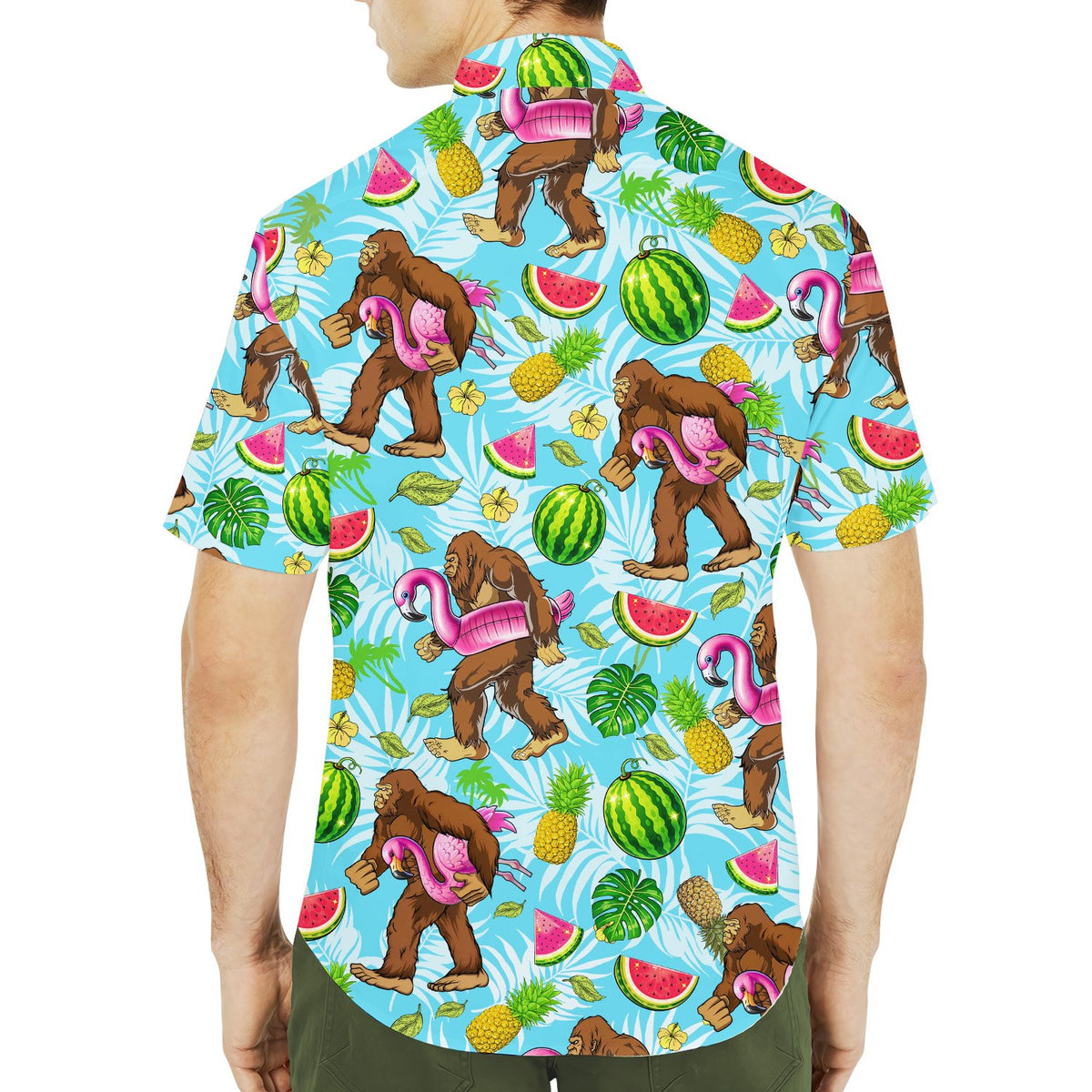 Second lifestyle view of the bigfoot tropical hawaiian shirt showing a matching family hawaiian shirts setup
