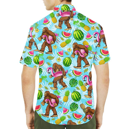 Second lifestyle view of the bigfoot tropical hawaiian shirt showing a matching family hawaiian shirts setup