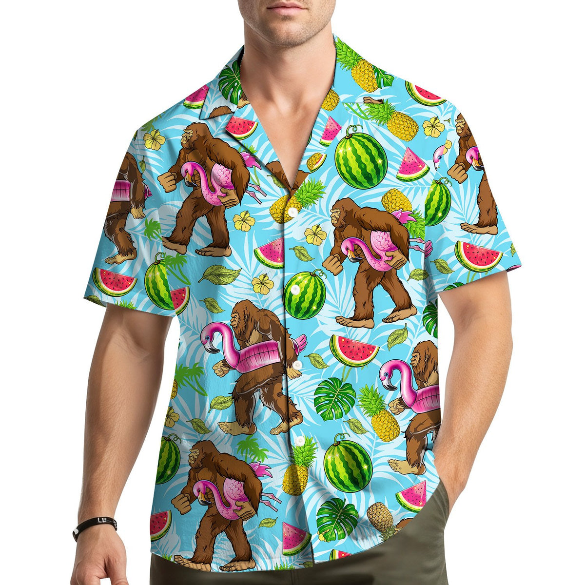 Lifestyle view of the bigfoot tropical hawaiian shirt worn outdoors