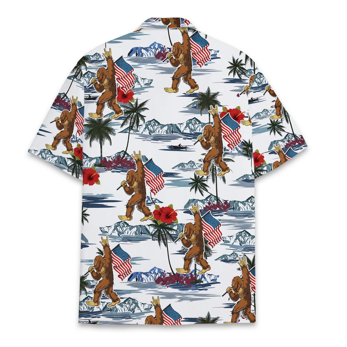 Back view of the white bigfoot hawaiian shirt with tropical palm trees and mountains