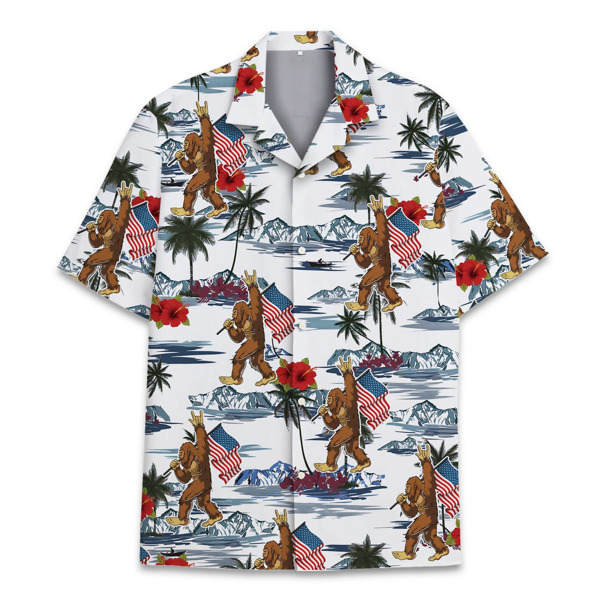White bigfoot tropical hawaiian shirt featuring an American flag and red hibiscus flowers, front view