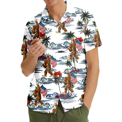 Lifestyle view of the patriotic bigfoot matching family hawaiian shirt