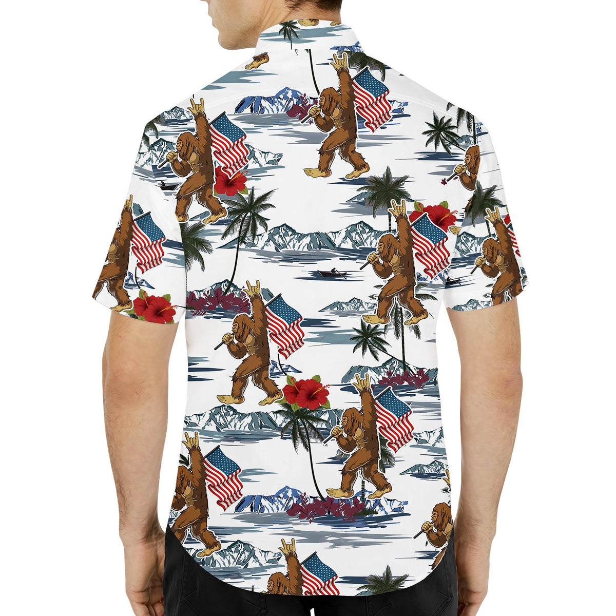 Close-up lifestyle view of the cartoon bigfoot holding an American flag on a hawaiian shirt