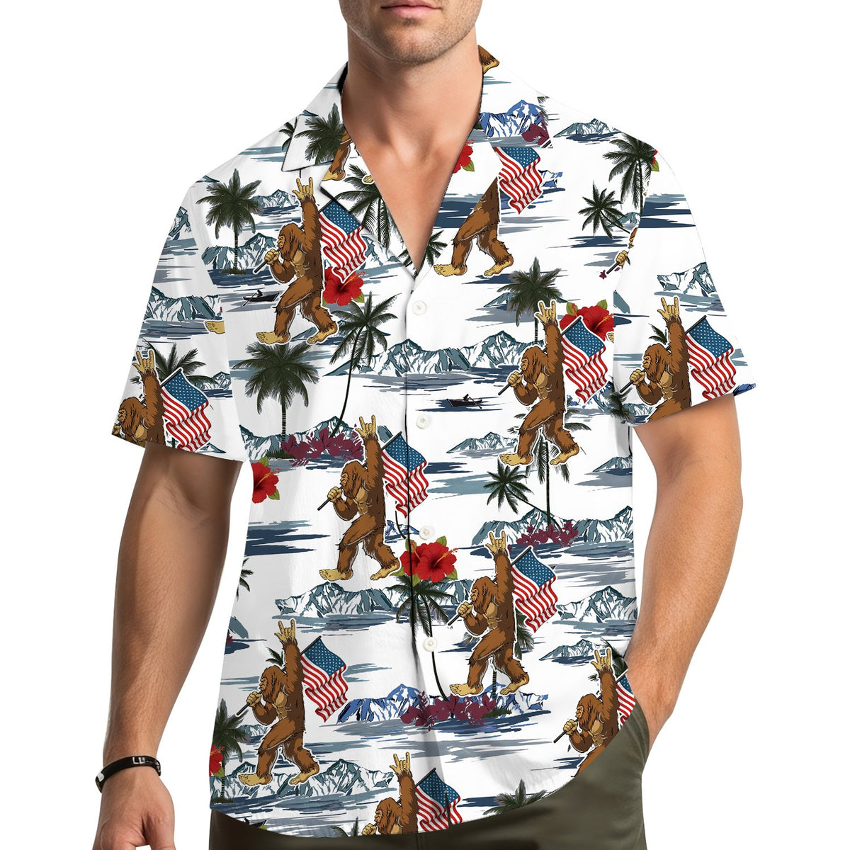 Adult wearing the bigfoot tropical hawaiian shirt outdoors for the Fourth of July
