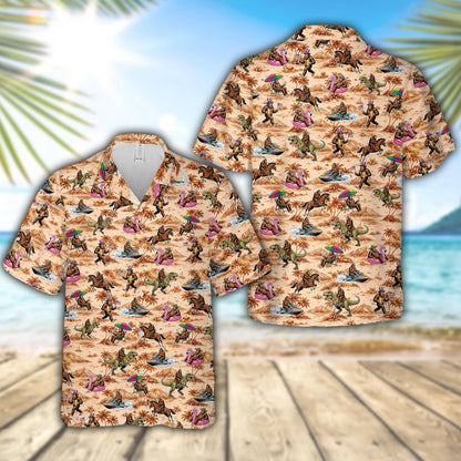 Beige and brown bigfoot vacation hawaiian shirt featuring an all-over print of Bigfoot having fun, main view