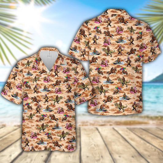 Beige and brown bigfoot vacation hawaiian shirt featuring an all-over print of Bigfoot having fun, main view