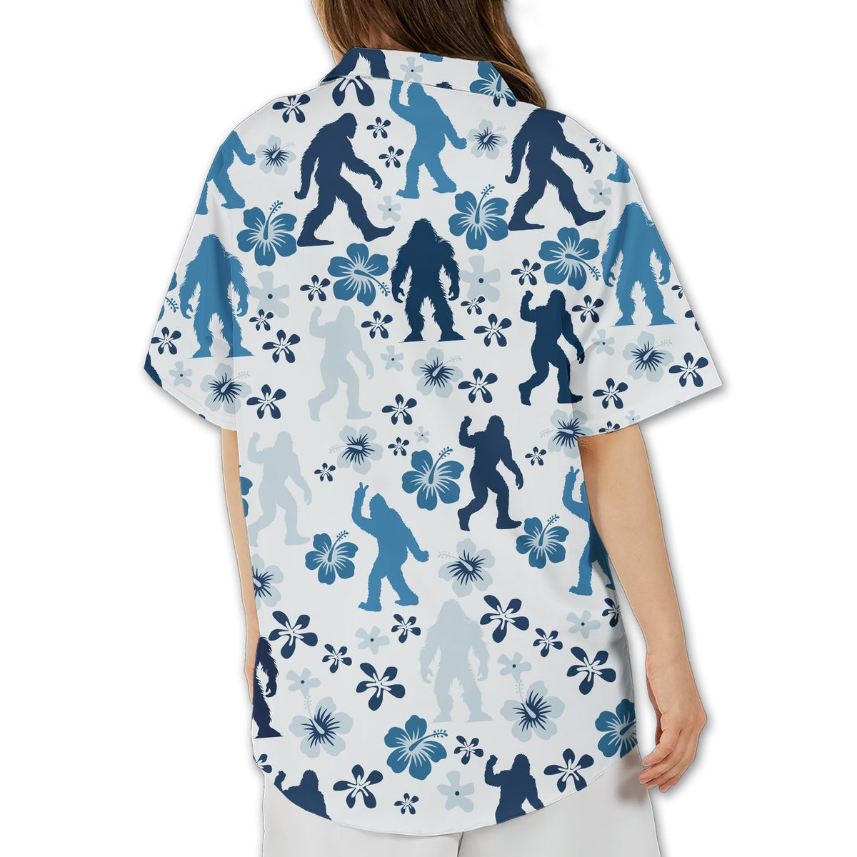 Close up back view of the bigfoot hawaiian shirt