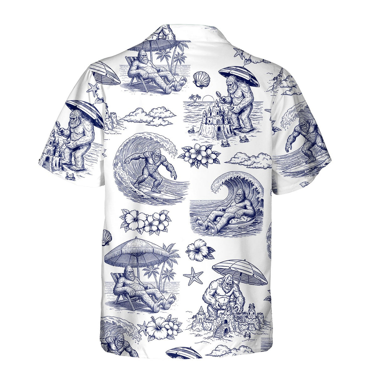 Back view of the bigfoot hawaiian shirt displaying the all-over summer pattern