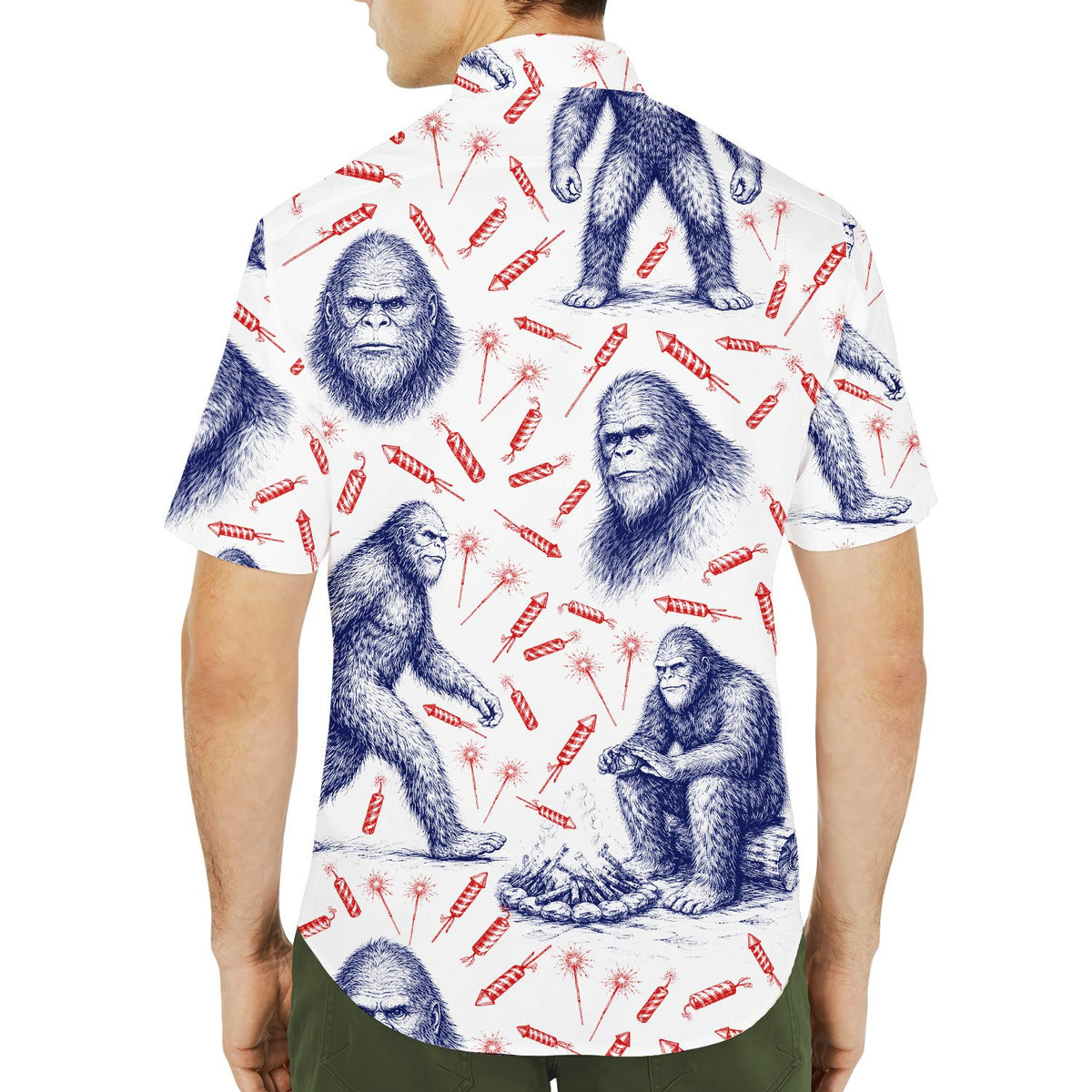 Back view of the white bigfoot hawaiian shirt