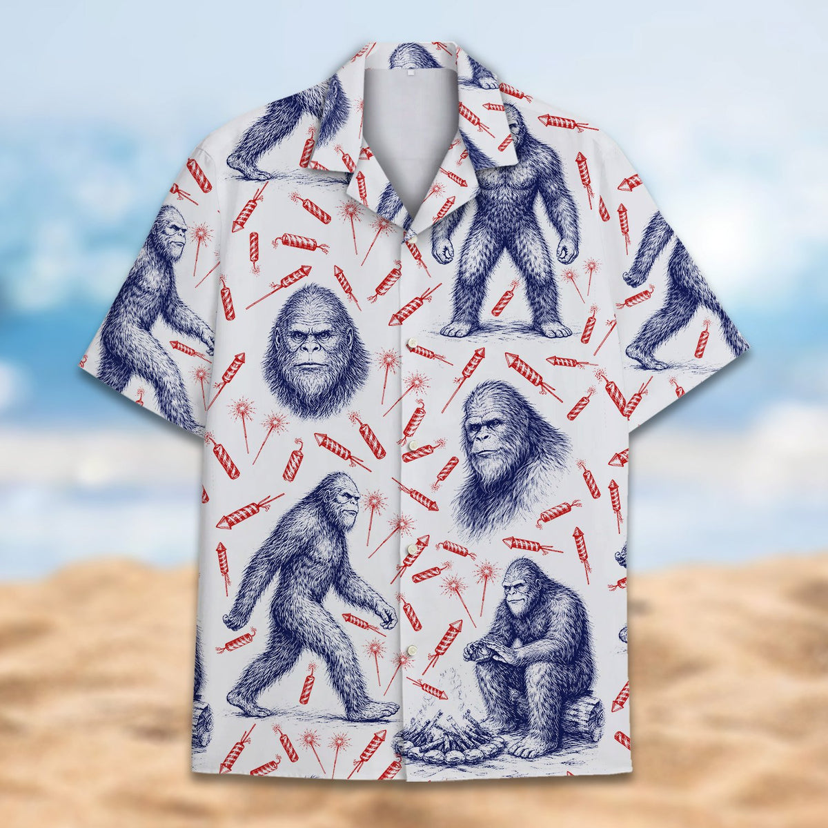 Another front view of the matching family hawaiian shirt with bigfoot pattern