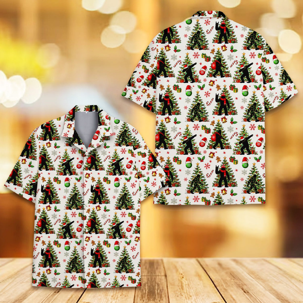 White Christmas Bigfoot hawaiian shirt, close up front view