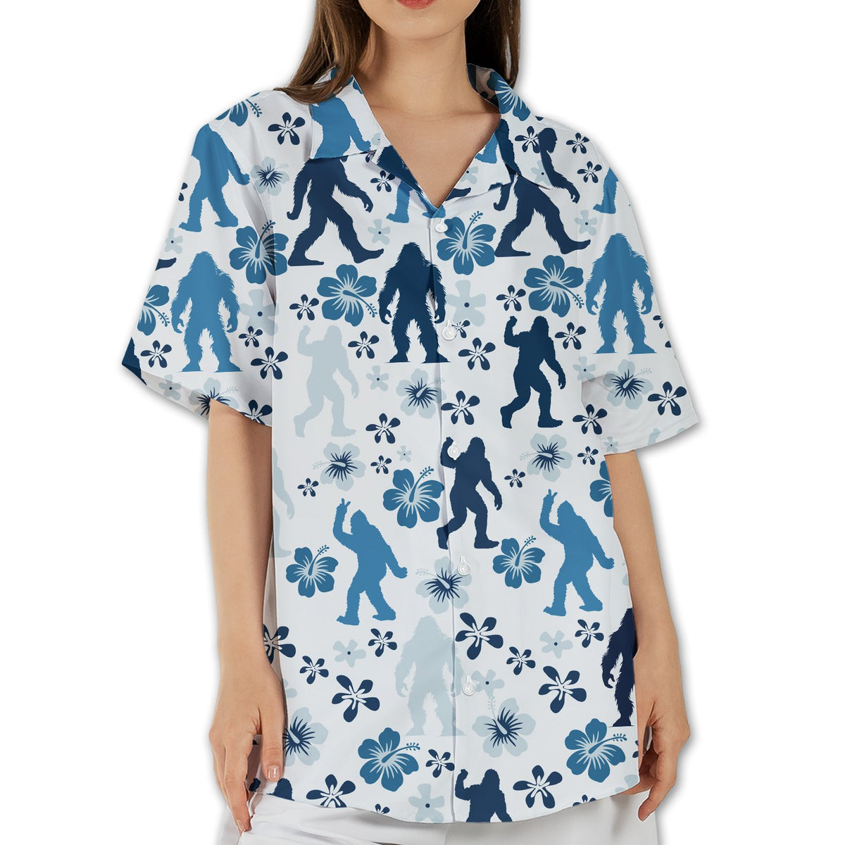 Detailed front view of the bigfoot hawaiian shirt