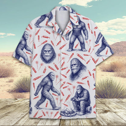 Close up front view of the bigfoot and firecrackers hawaiian shirt