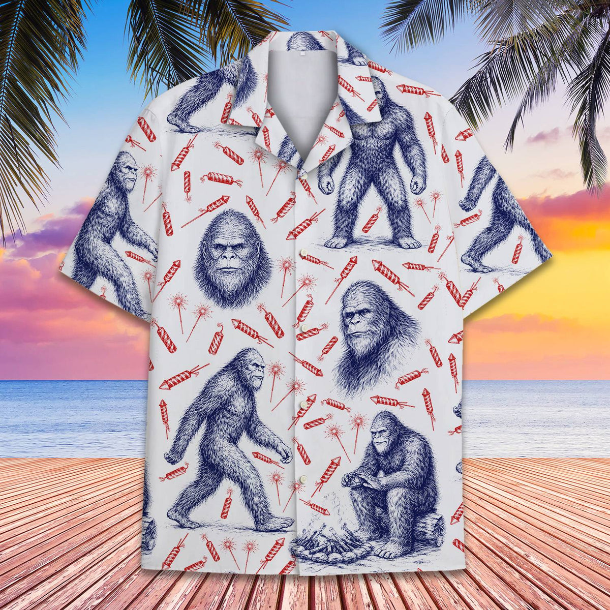 Additional front detail of the blue and red bigfoot hawaiian shirt