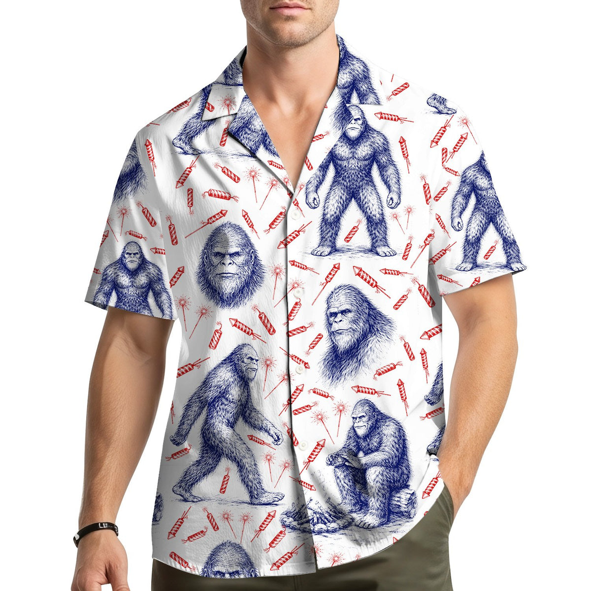 Front layout of the fourth of july bigfoot hawaiian shirt