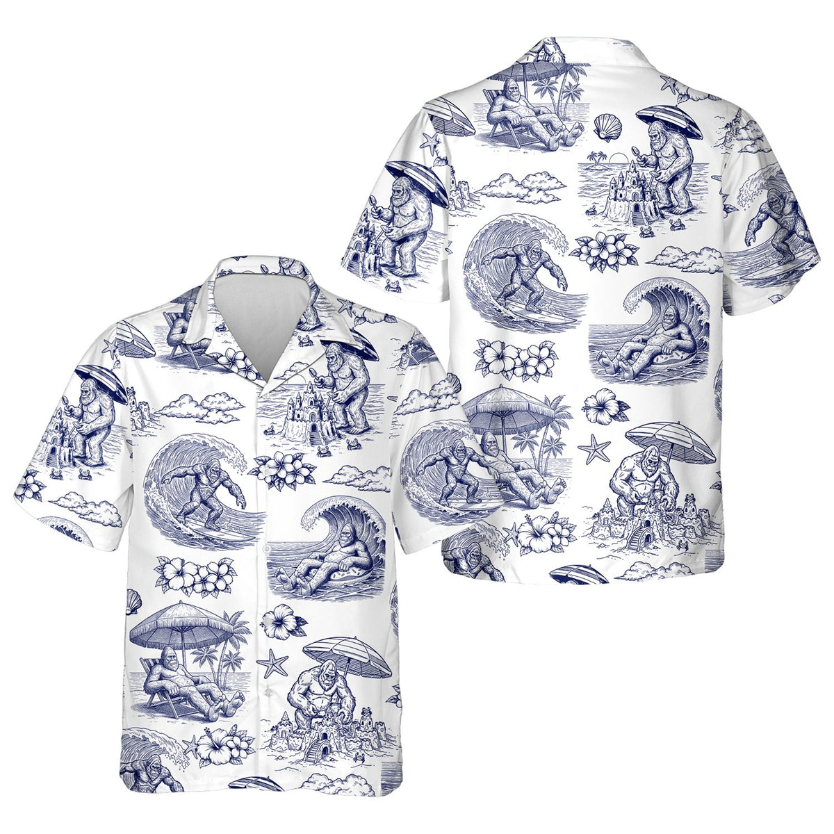 Main view of the bigfoot hawaiian shirt showing Bigfoot doing beach activities on a white and blue background