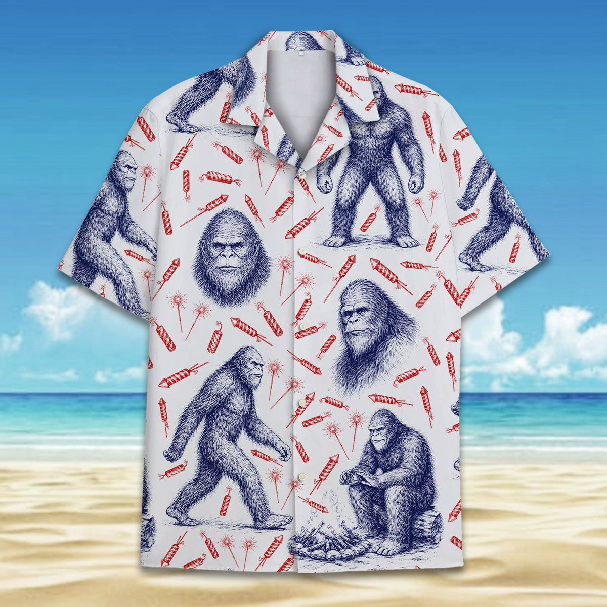White bigfoot hawaiian shirt with red fireworks pattern, main view