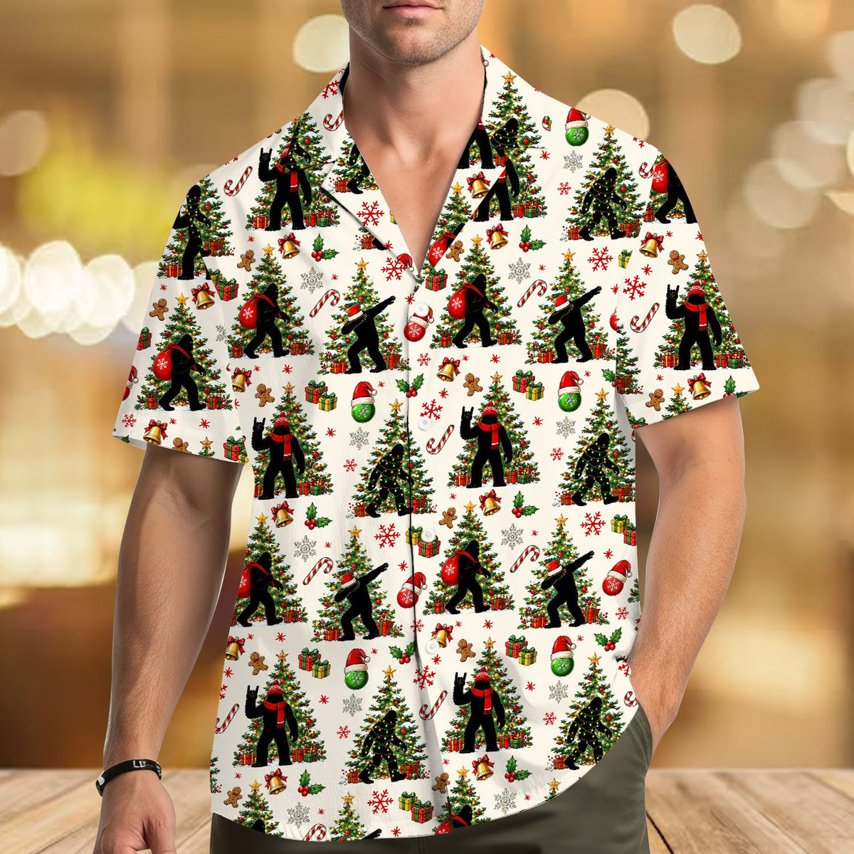 Second lifestyle view of family matching hawaiian shirts featuring Bigfoot