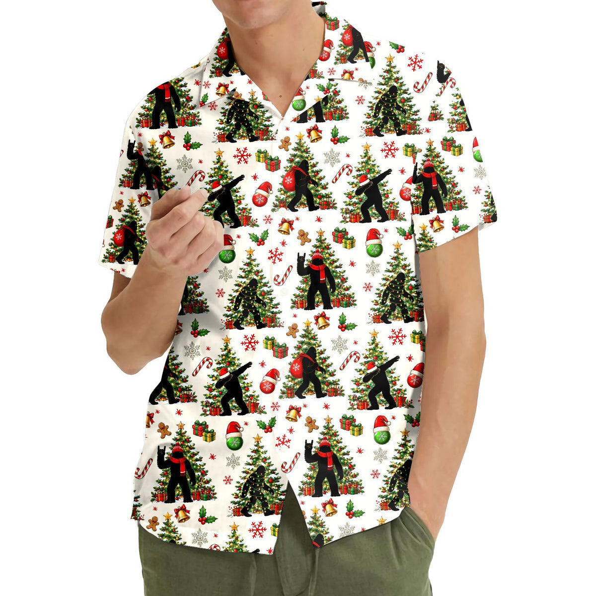 Third lifestyle view showing the white bigfoot hawaiian shirt outdoors
